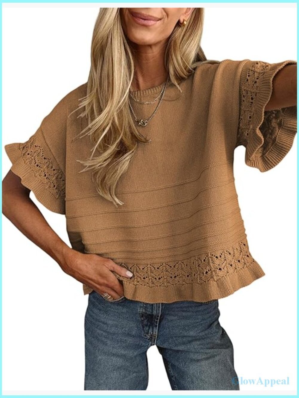 Short Sleeve Ruffled Hem Knit Pullover Crew Neck Crochet Top